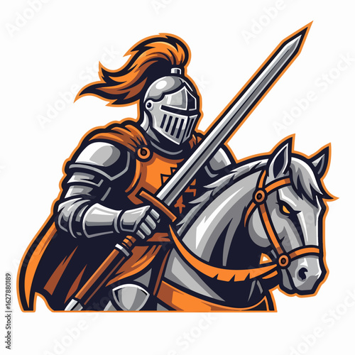 Fierce knight with sword riding war horse in silver armor. Knight with sword defends honor and showcases strength and courage. The knight with sword is a symbol of bravery and chivalry.