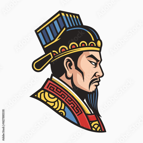Illustrative depiction of a Chinese emperor with intricate headdress and traditional clothing. A powerful Chinese emperor embodies authority and cultural heritage, showcasing detailed design elements.