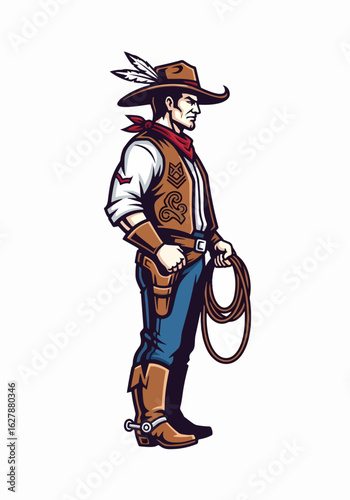 Cowboy in detailed outfit with lasso, side view, isolated on white background. Cowboy wears a traditional hat with feather, vest, and boots. A vintage cowboy figure evokes the Old West.