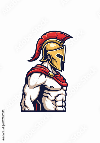 Spartan warrior strong muscular body in golden helmet. Powerful spartan soldier image for print. This strong spartan warrior illustration is perfect for logo design.