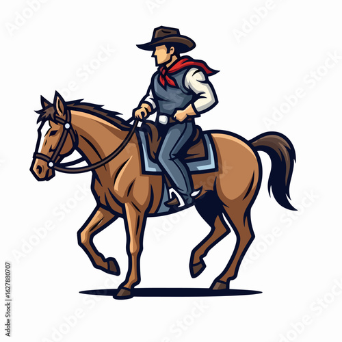 Cowboy riding brown horse.  Illustration of cowboy in hat and neckerchief riding horse.  Smiling cowboy on horseback is perfect mascot for western brand or rodeo event.