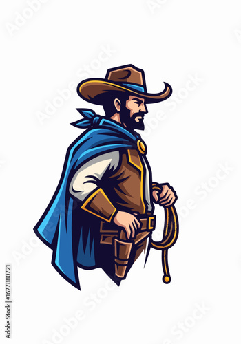 Stylish cowboy mascot design. Strong male character illustration with brown hat and blue cape.  Cowboy mascot perfect for branding western saloon, rodeo events, or country music festivals.