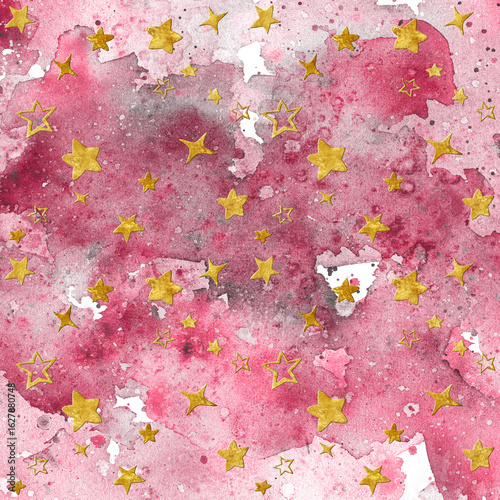 Golden stars on a pink watercolor background. Textured watercolor spots and streaks.