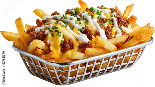 Loaded Fries Delight: A mouthwatering close-up of seasoned french fries generously topped with seasoned ground meat, melted cheese, and a drizzle of creamy sauce, all presented in a rustic basket. 