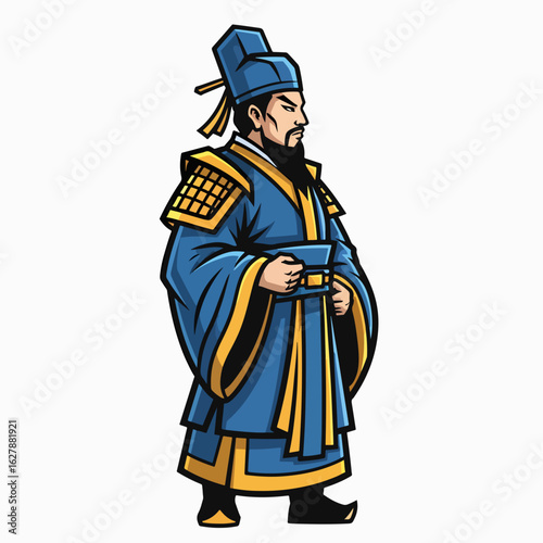 Ancient chinese emperor in traditional blue robe and hat. Majestic emperor stands with serious expression. Image of ancient chinese emperor perfect for history books and educational materials.