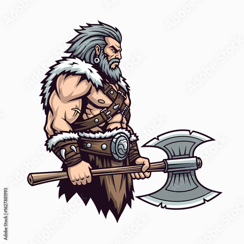 Powerful barbarian mascot, strong warrior with battle axe, muscular man with long gray hair and beard. This fierce barbarian mascot is perfect for game design, representing strength and courage.