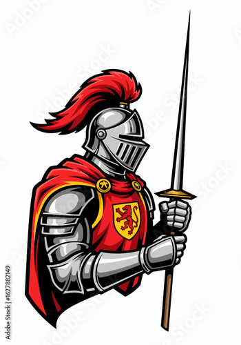 Knight mascot in shining armor holding spear, featuring a proud knight mascot in a side view, ready for battle. Knight mascot design displays heraldic symbols and traditional attire, showcasing valor.
