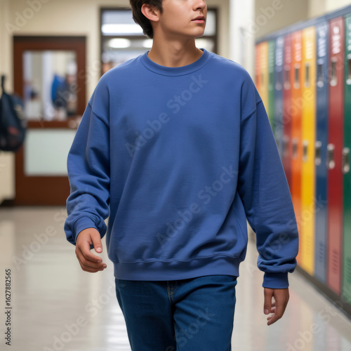 Teens casual sweatshirt mockup. High school, college boy wearing basic pullover, jeans, walking by lockers. Teenage boy model in blank royal blue jumper mockup
