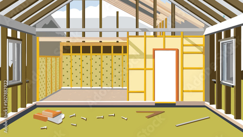 Illustration of an unfinished house interior with exposed framing and insulation details shown clearly