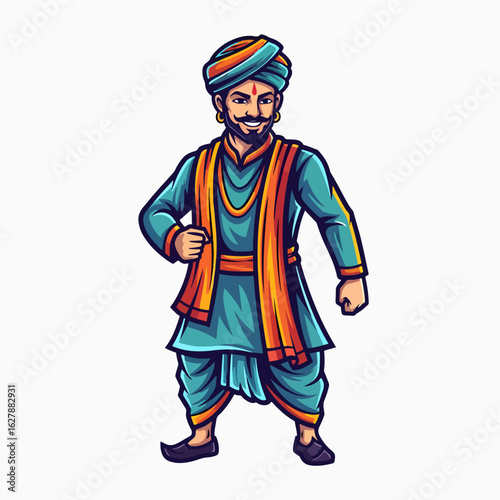 Mascot illustration with Indian man dressed in traditional clothes. Mascot design showcases a man with turban and traditional clothing, jewelry, and footwear. Conceptual Mascot for brand identity.