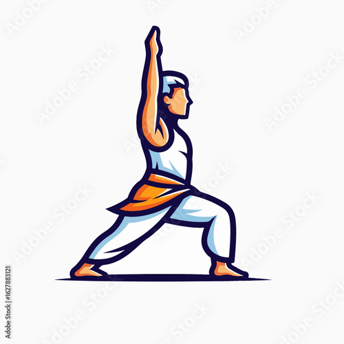 Mascot design shows yoga instructor in warrior pose, with clean lines and bright colors. Mascot for yoga studio is excellent way to visualize the service, representing health and strength.