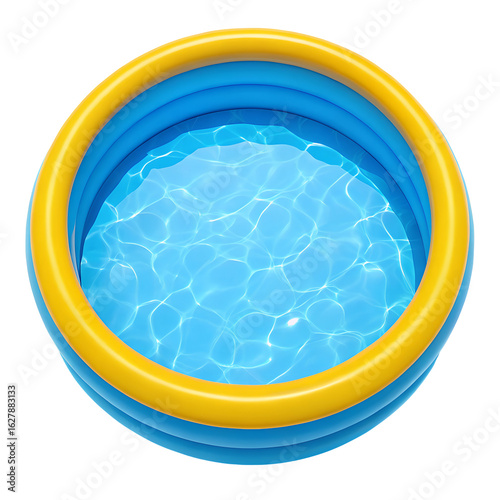 Blue and yellow inflatable kiddie pool filled with clear water isolated on transparent background