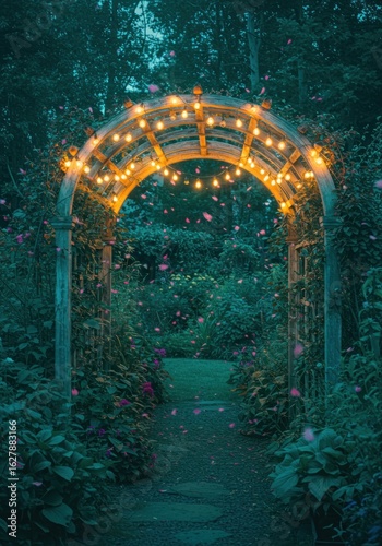 Garden archway at dusk