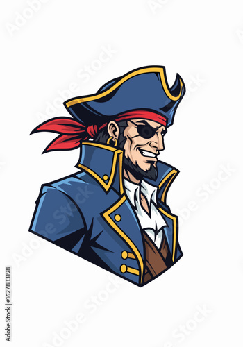 Smiling pirate mascot with an eyepatch and tricorn hat against plain background. Pirate mascot art represents a symbol of adventure and character design. Consider pirate mascot for branding,