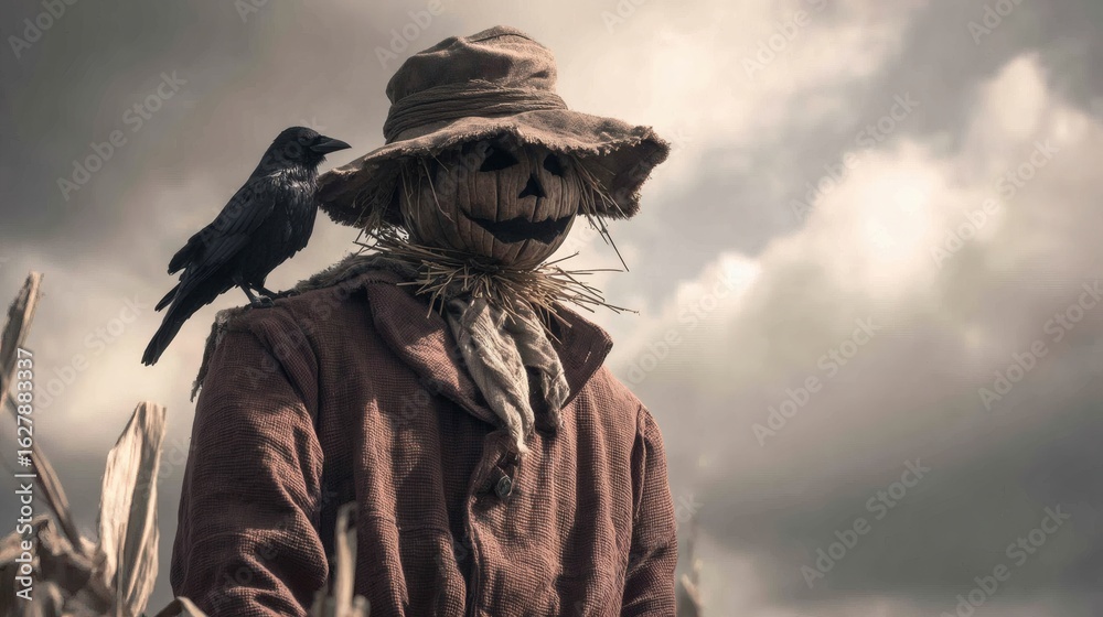 Fototapeta premium Scary scarecrow with crow on shoulder in foggy field