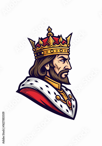 King mascot for your brand with a bearded man in royal crown. King mascot portrait features regal figure with a golden diadem and majestic robe, embodying power and authority.