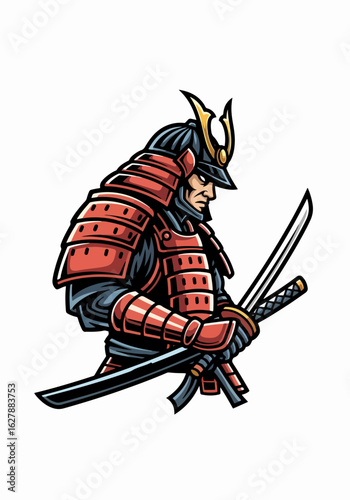 Detailed samurai mascot illustration with armor and crossed swords, perfect for logo design. Fierce samurai illustration showcases intricate details for mascot development and emblem creation.