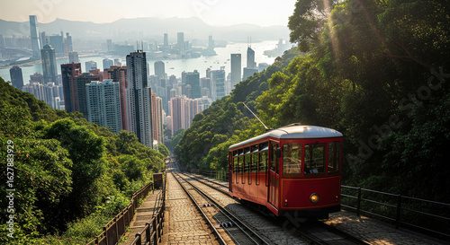 Red tram descending from Victoria Peak with panoramic view of Hong Kong skyline, urban cityscape, harbor, and green forest hills in the morning sunlight