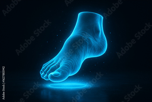 A futuristic holographic foot glows brightly against a dark background, representing technology and innovation.