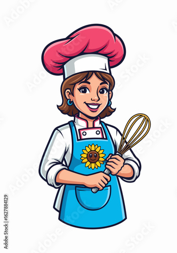 Smiling woman chef mascot with whisk for food products, wearing hat and apron. Chef mascot, logo for food products shows a cheerful character ready for baking, cooking or preparing a tasty dish.