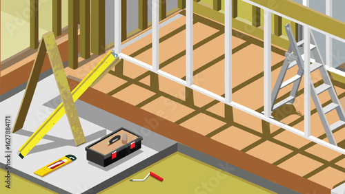 Isometric view of a construction site with tools ladder and wooden frames for building interior walls