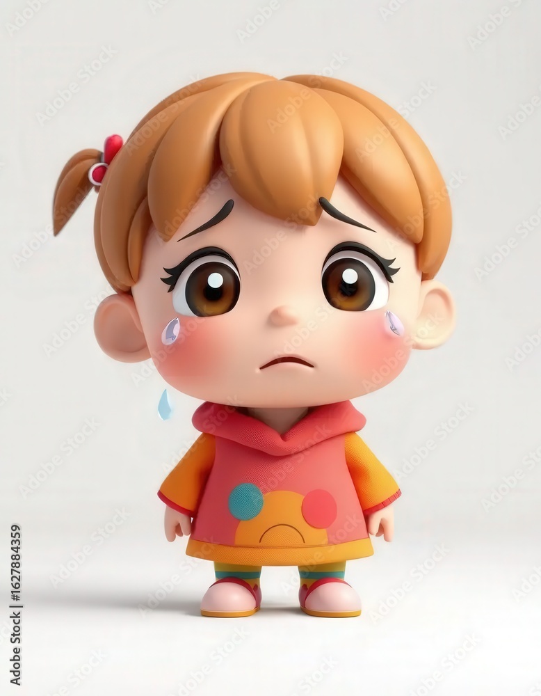 Fototapeta premium 3D Cartoon Sad Little Girl Crying with Teary Eyes on White Background