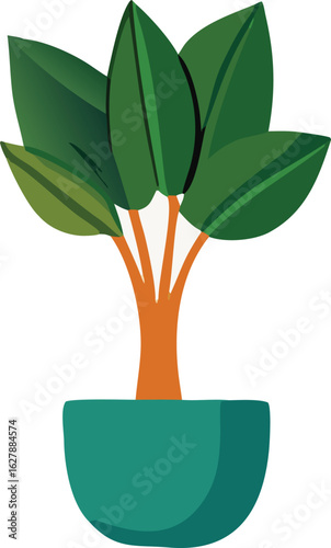 Vibrant green potted plant with thick orange stems and broad leaves in a teal ceramic pot