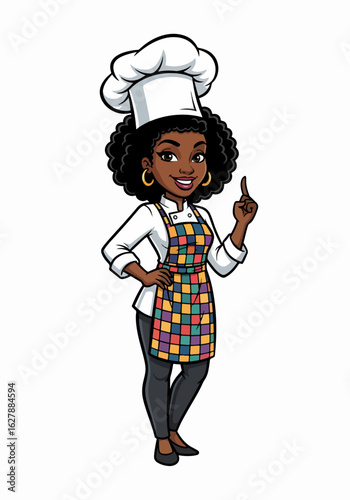 African-American woman mascot stands tall as cheerful chef in spotless uniform, perfect for food logo designs and branding materials. Friendly chef mascot shows professionalism and competence,