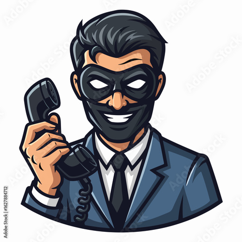 Scammer cartoon character in mask holding telephone, plotting scheme to defraud. Deceptive caller looks menacing, hatching cunning scam against unsuspecting individuals.