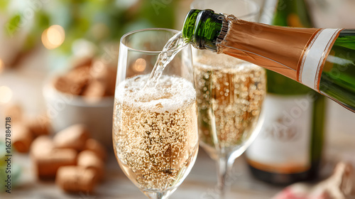 Sparkling wine is being poured into elegant glasses, surrounded by festive decorations and corks, creating a celebratory atmosphere for special occasions. Selective focus