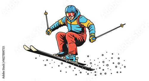 A skier in vibrant winter attire, captured mid-air against a clean white backdrop, demonstrating skill and the thrill of downhill skiing.