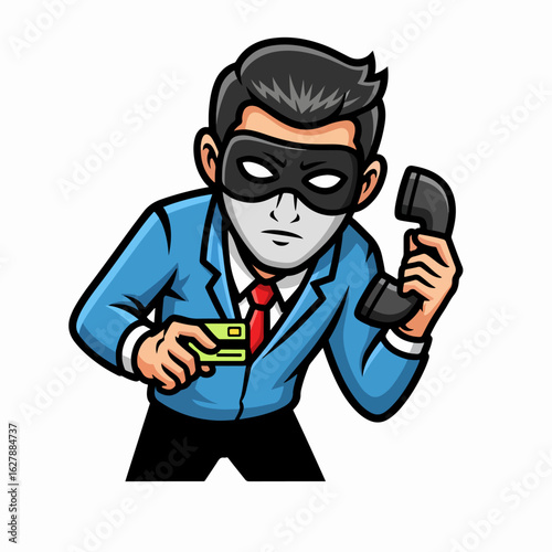 Cartoon scam character holding credit card and telephone handset, preparing for fraud. This scam attempt is illustrated with a masked individual, subtly hinting at deceit and malicious intent.