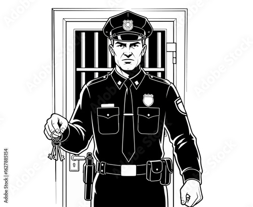 Illustration depicts prison guard holding keys to unlock the door to prison, security is tight. Prison guard uniform is crisp and professional, a symbol of law enforcement,