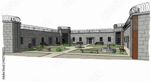 Isolated prison yard showing barbed wire and stone construction in correctional facility. Prison architecture provides a stark, secure setting, with benches and fountains within the prison,