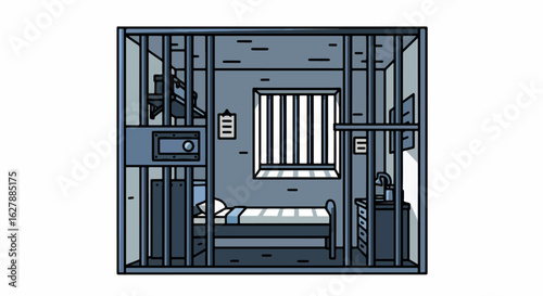 Prison cell interior showing bed and barred window is stark illustration. Detailed prison cell design, including minimalistic furniture, portrays confinement and isolation.