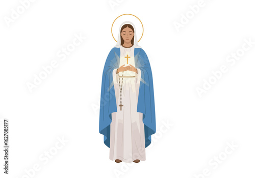 Virgin Mary illustration religious figure in blue mantle and white dress holding rosary and cross.