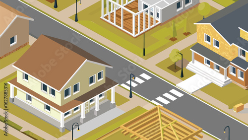 Isometric view of a suburban neighborhood with houses, streets, and pedestrian crosswalks visible