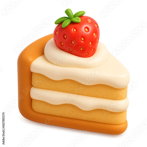 Cute and stylized 3D rendering of a strawberry shortcake slice with white frosting and toppings.