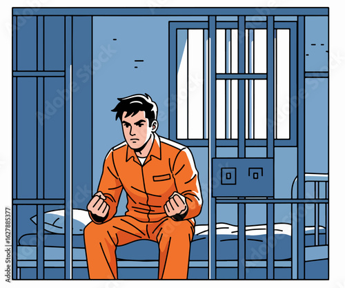 Depiction of jail with pensive man sitting inside cell, an orange suit clad person reflects upon his situation. Jail setting symbolizes confinement and contemplation, man awaits his fate,