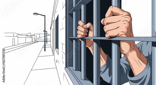 Prisoner behind bars, hands gripped tightly in a prison cell. Prison life and confinement is reflected in this illustration of jail bars and restricted freedom. Concept prison with hands holding bars.