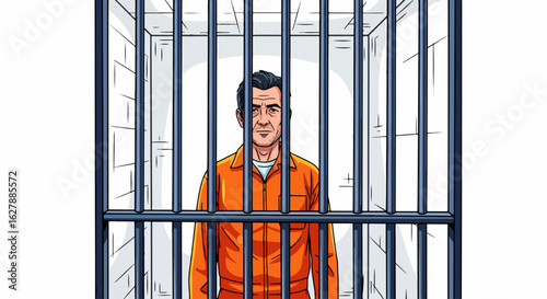 Prisoner behind bars in cartoon jail, wearing orange jumpsuit, stands defiant. Prisoner is trapped, awaiting trial, and longing for justice.
