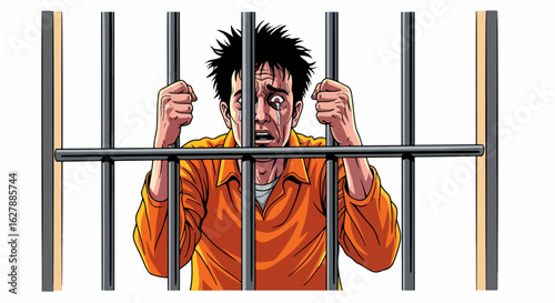 Scared man in jail cell behind bars expressing desperation and anxiety. This jail scene shows a prisoner with frightened eyes, wearing prison uniform.