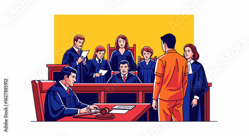 Prisoner in court with judge and jury during criminal trial. Prisoner faces justice while standing before judiciary in courtroom, discussing sentencing with lawyers.