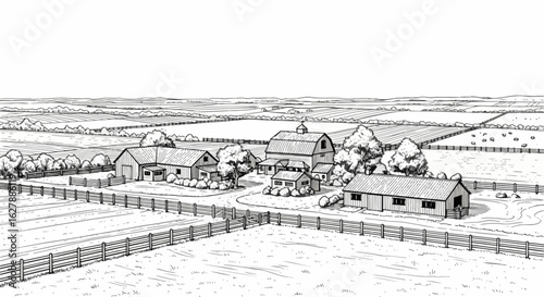 Farm scenery depicting farm, barns, and trees under sky. Farm includes many farm buildings surrounded by fence. Farm drawing shows life in countryside, perfect for illustrating stories and farm life.