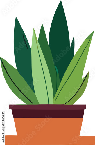A vibrant illustration of a lush green potted plant with broad pointed leaves in a terracotta container