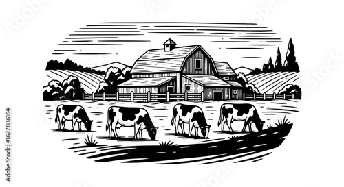 Farm scene shows grazing cows in field with barn and cultivated fields. Depicts idyllic farm environment with cows feeding, a barn surrounded by rural scenery, and planted rows.