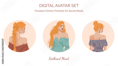 Minimal faceless avatar set of redhead women in fashionable outfits. Perfect for branding, profile icons, social media, and digital products. Trendy, clean, and feminine.