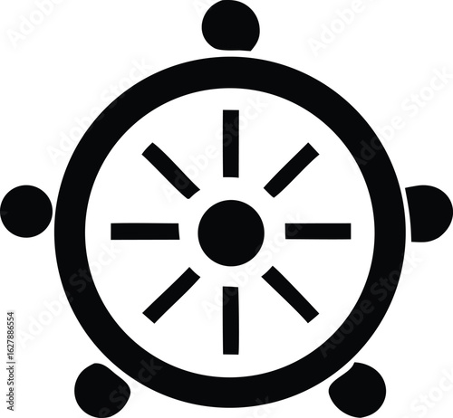 A striking black and white graphic representation of the dharma chakra the wheel of law a significant buddhist symbol of spiritual awakening and the path to enlightenment