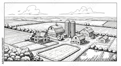 Detailed drawing farm buildings with grain silos and country house. This farm scene showcases classic rural architecture, evoking a sense of idyllic countryside living.