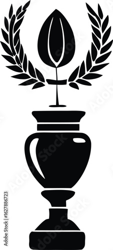 A stylized black and white emblem featuring a laurel wreath crowning a plant emerging from an ornate urn or vase